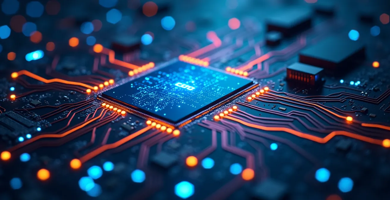 PCB futuristico con connessioni digitali colorate che rappresentano AI, IoT e connettività 5G