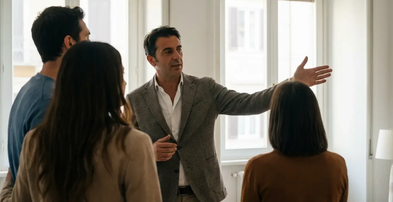 Agente immobiliare italiano che mostra le caratteristiche di un soggiorno a potenziali acquirenti