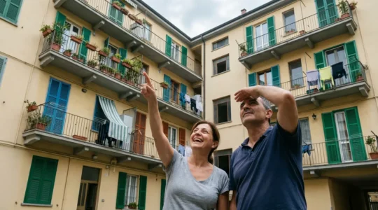 Coppia italiana che valuta la facciata del proprio condominio nel cortile