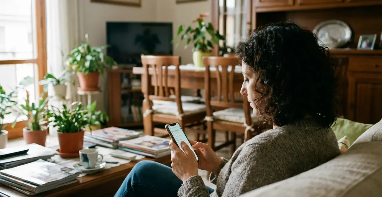 Donna italiana che consulta una valutazione immobiliare sullo smartphone nel proprio soggiorno