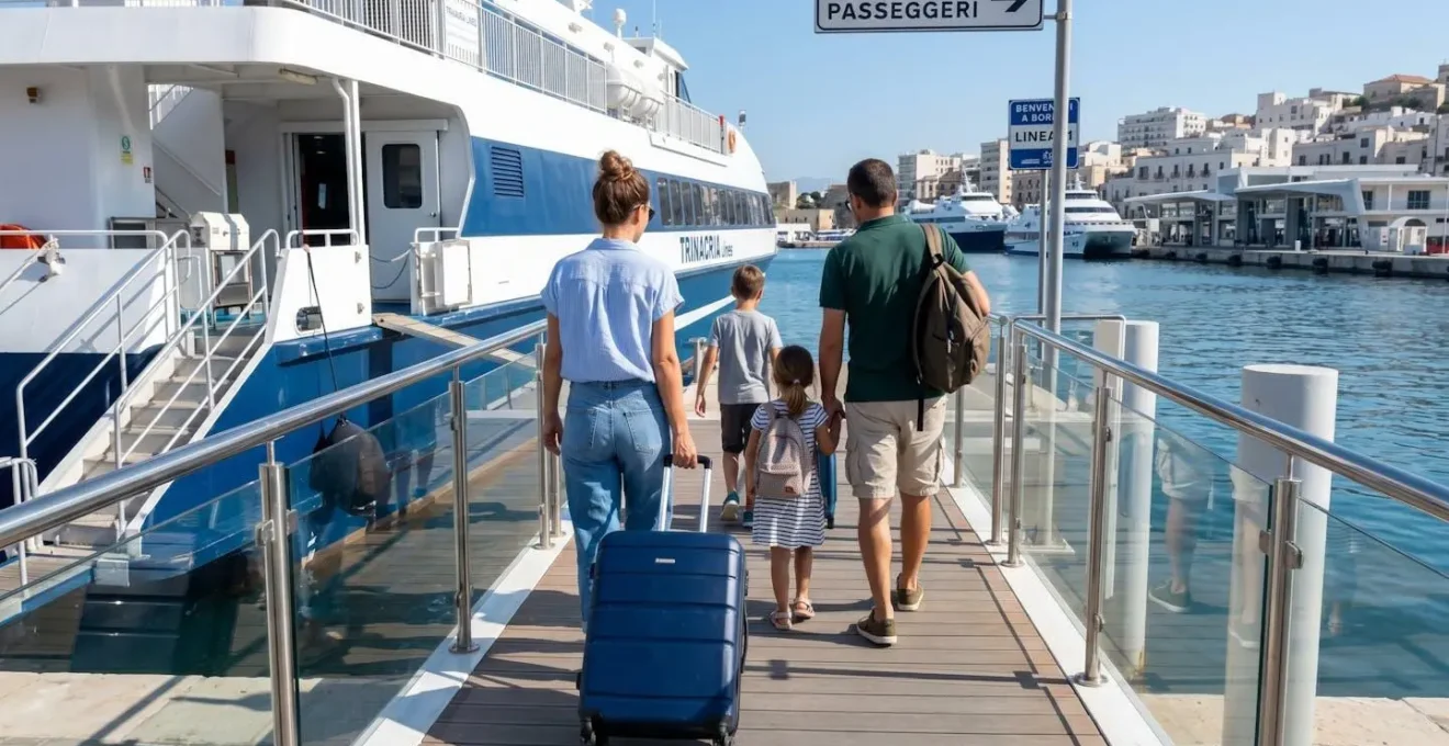Famiglia vista di spalle che sale a bordo di un traghetto moderno con bagagli in mano, momento naturale di imbarco in ambiente portuale luminoso