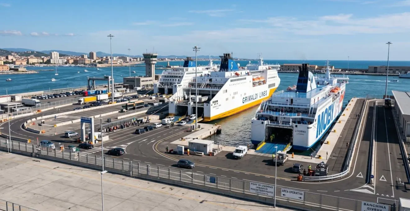 Vista panoramica del porto di Livorno con traghetti bianchi ormeggiati lungo le banchine moderne sotto la luce naturale del giorno